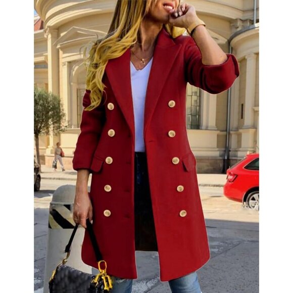 Women's Maple Red Double-Breasted Wool Midi Trench Peacoat for Fall & Winter - Picture 2 of 8